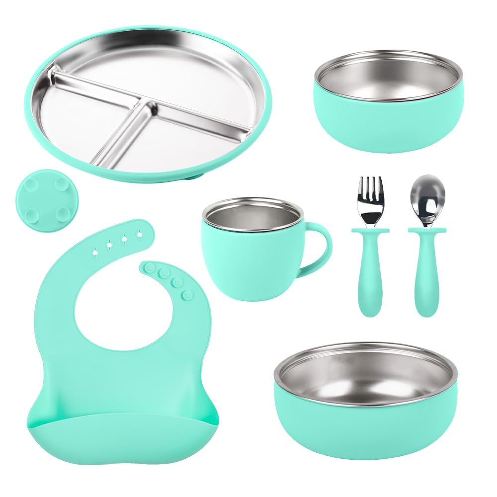 7-Piece Stainless Steel Toddler Feeding Set with Plate, Bowl, Cup, Utensils & Bib