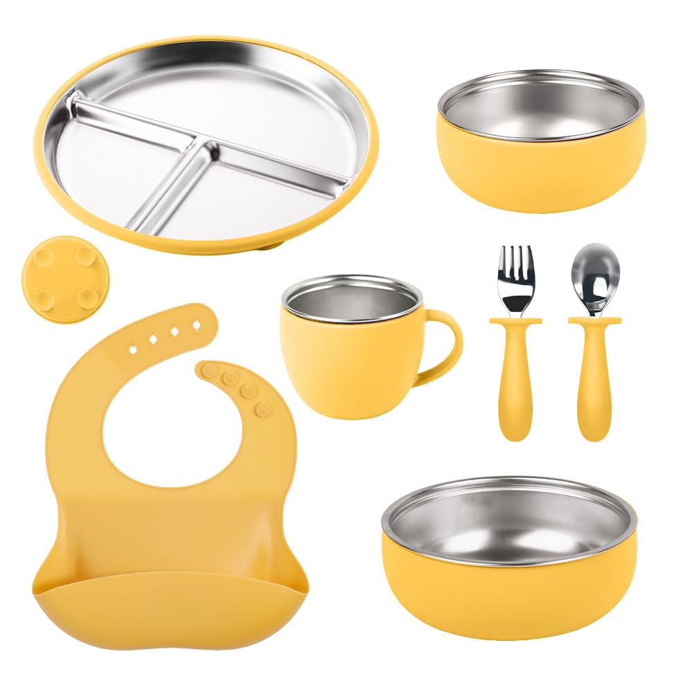 7-Piece Stainless Steel Toddler Feeding Set with Plate, Bowl, Cup, Utensils & Bib