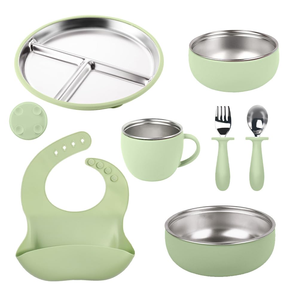 7-Piece Stainless Steel Toddler Feeding Set with Plate, Bowl, Cup, Utensils & Bib