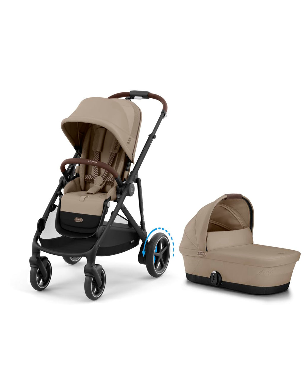 e-Gazelle S Stroller + Gazelle Cot Bundle - Black Frame/Almond Beige