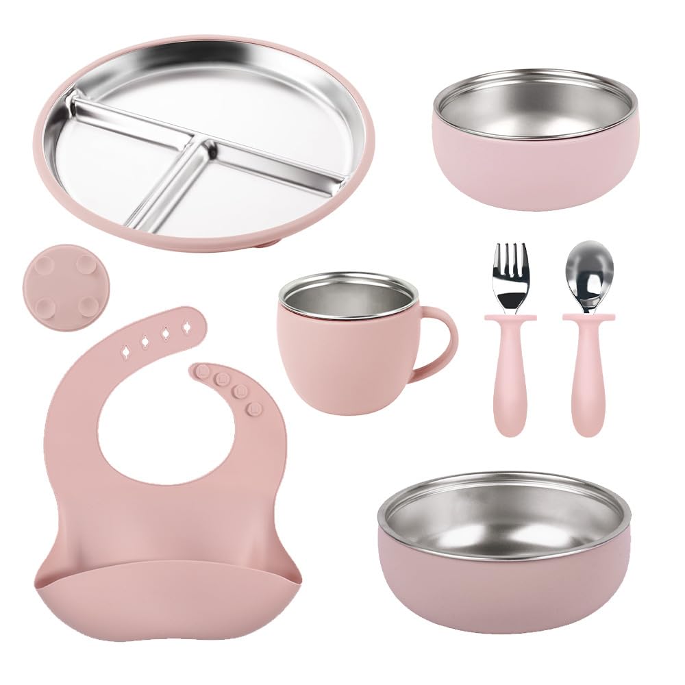 7-Piece Stainless Steel Toddler Feeding Set with Plate, Bowl, Cup, Utensils & Bib