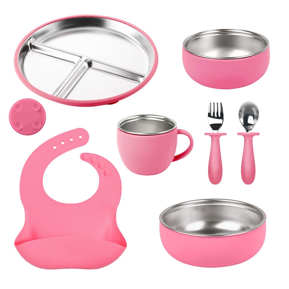 7-Piece Stainless Steel Toddler Feeding Set with Plate, Bowl, Cup, Utensils & Bib