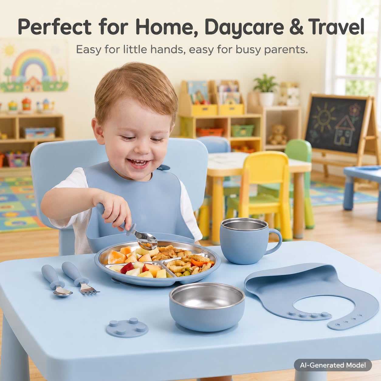 7-Piece Stainless Steel Toddler Feeding Set with Plate, Bowl, Cup, Utensils & Bib