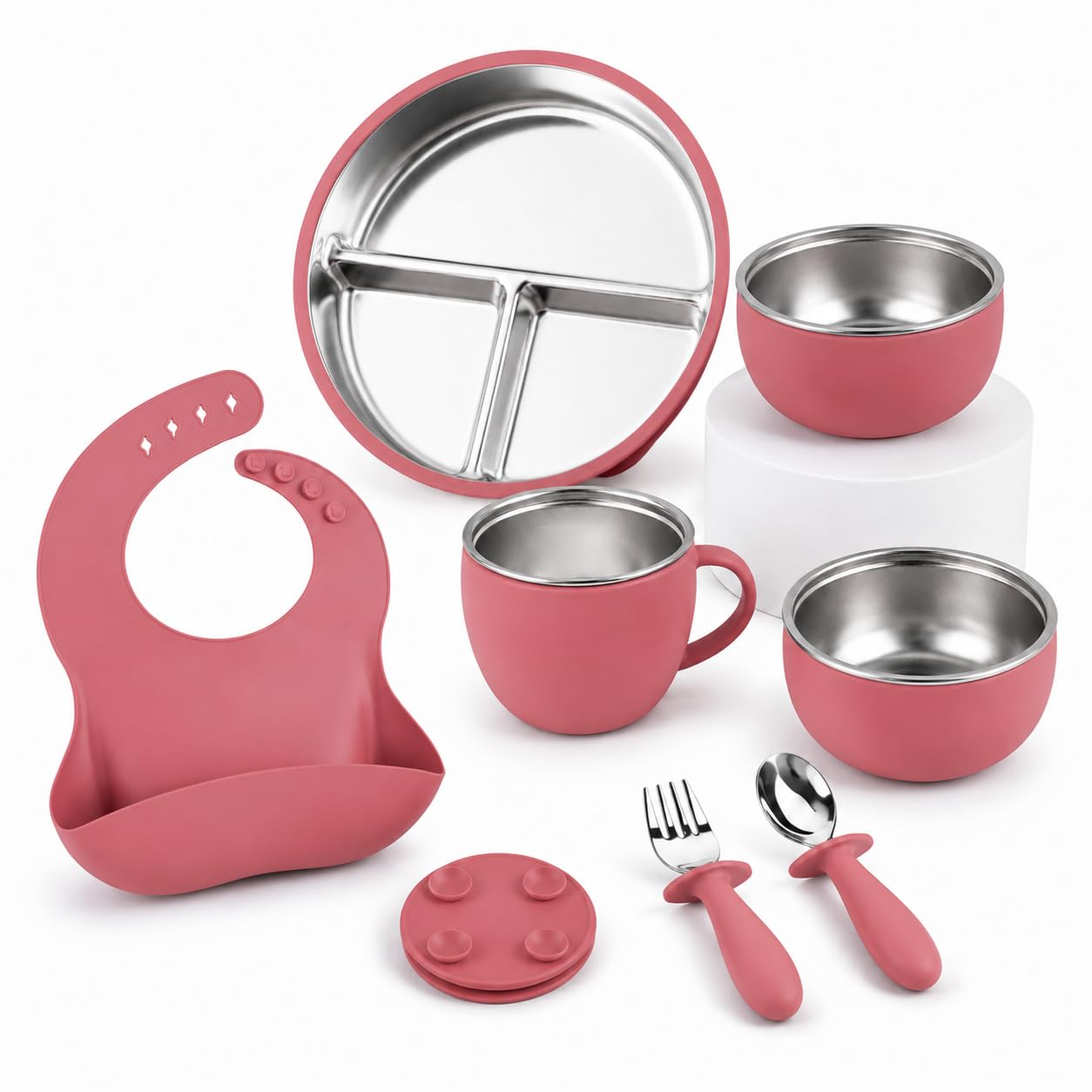 7-Piece Stainless Steel Toddler Feeding Set with Plate, Bowl, Cup, Utensils & Bib