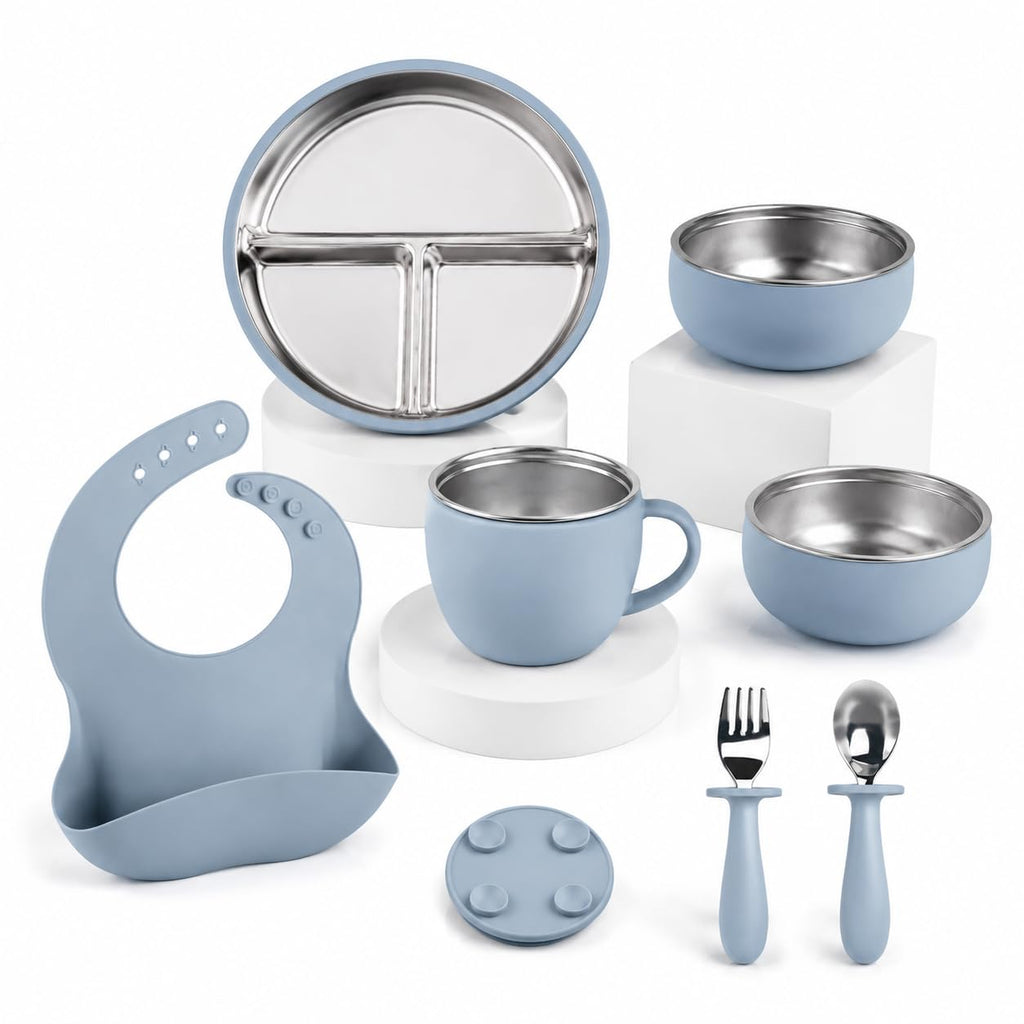 7-Piece Stainless Steel Toddler Feeding Set with Plate, Bowl, Cup, Utensils & Bib