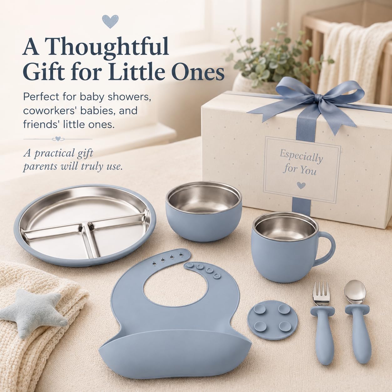 7-Piece Stainless Steel Toddler Feeding Set with Plate, Bowl, Cup, Utensils & Bib