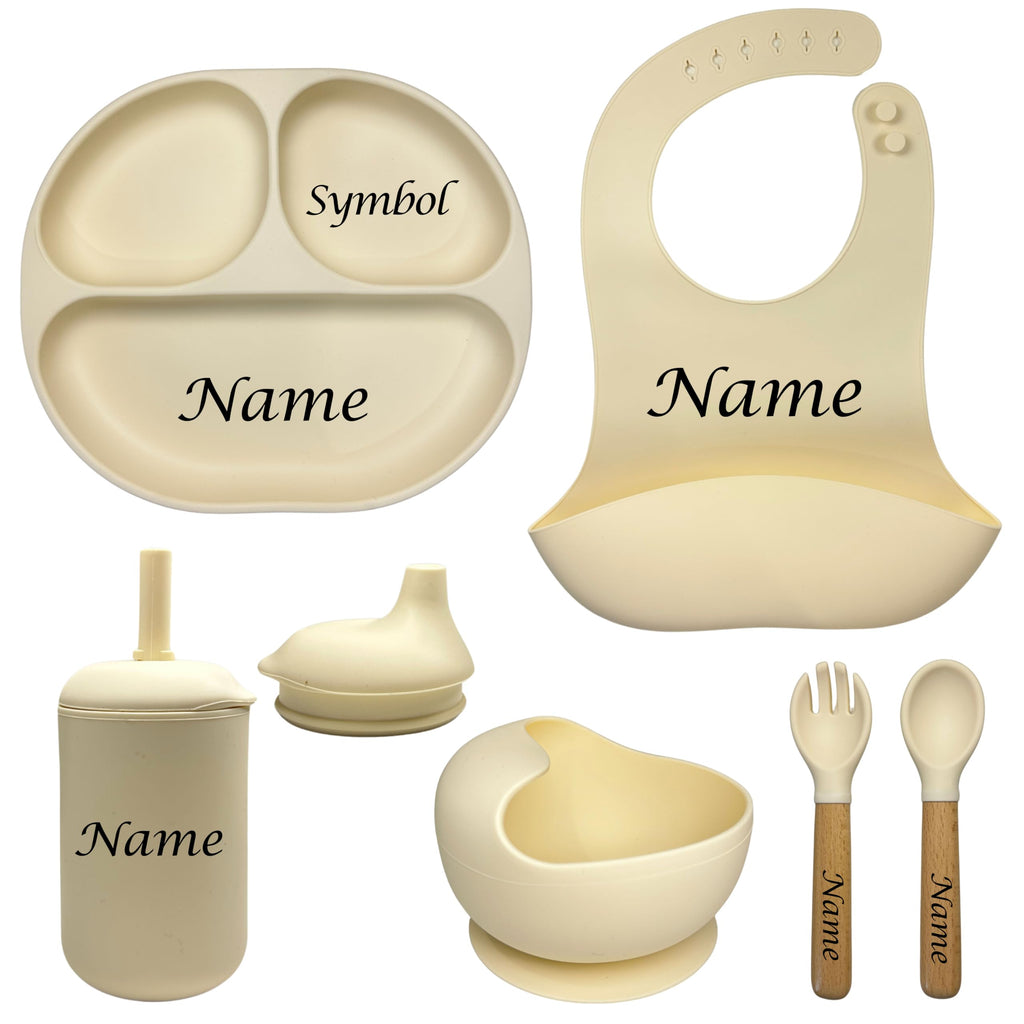 Personalized Silicone Baby Weaning Feeding Set with Suction Plate, Bowl, Cup & Bib