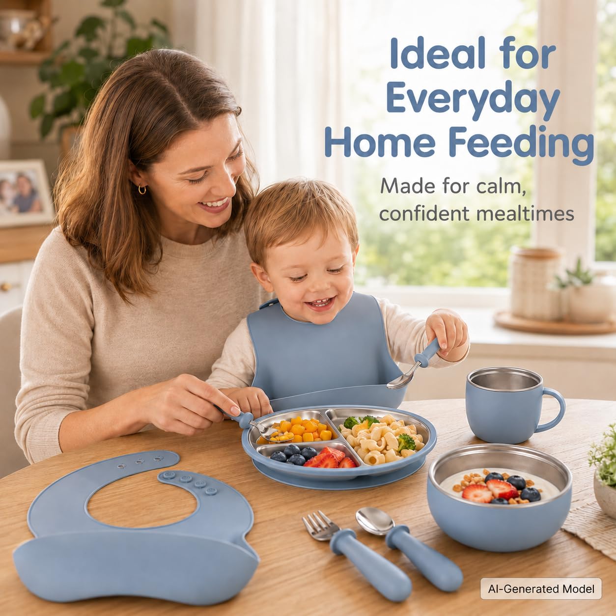 7-Piece Stainless Steel Toddler Feeding Set with Plate, Bowl, Cup, Utensils & Bib