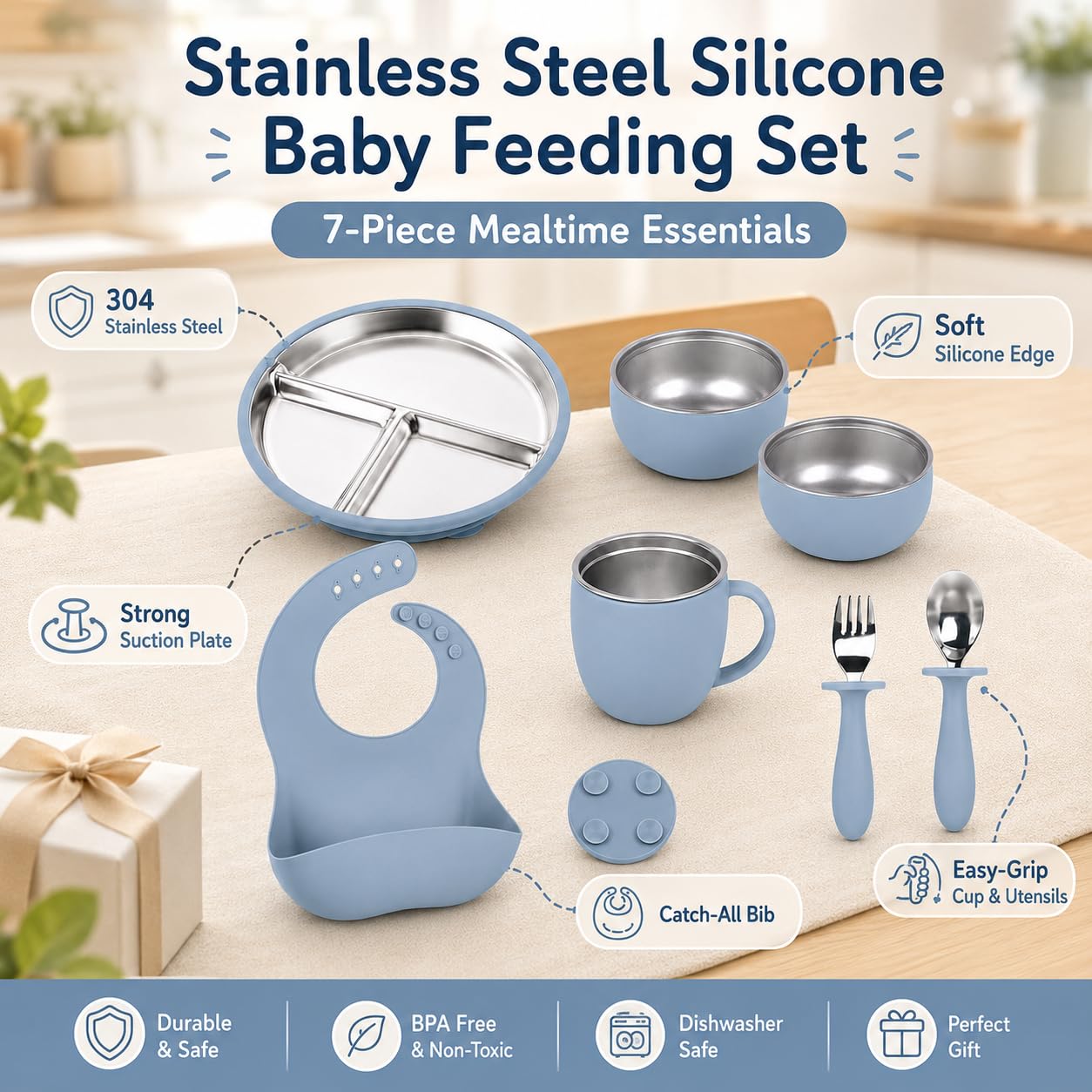 7-Piece Stainless Steel Toddler Feeding Set with Plate, Bowl, Cup, Utensils & Bib