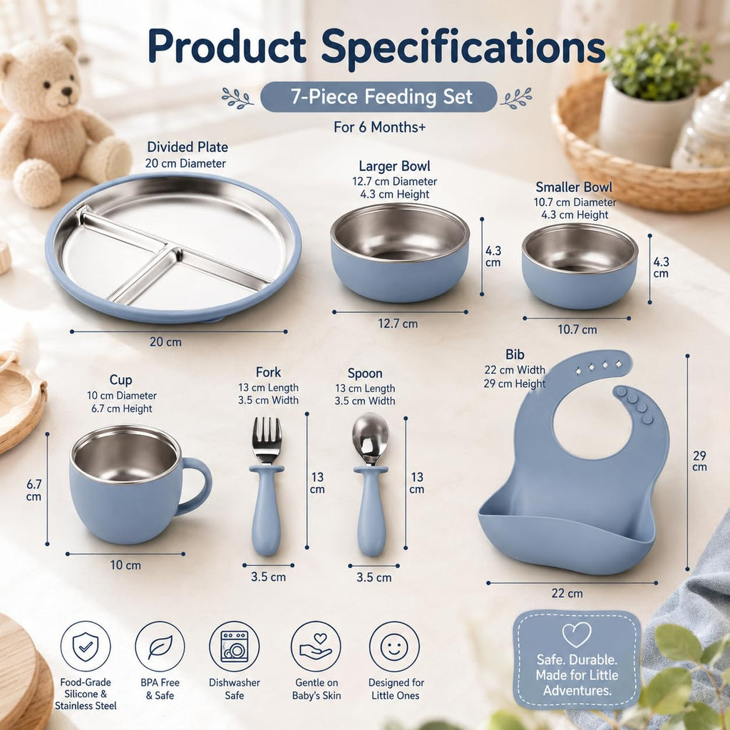 7-Piece Stainless Steel Toddler Feeding Set with Plate, Bowl, Cup, Utensils & Bib