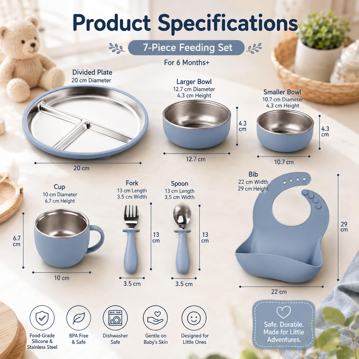 7-Piece Stainless Steel Toddler Feeding Set with Plate, Bowl, Cup, Utensils & Bib