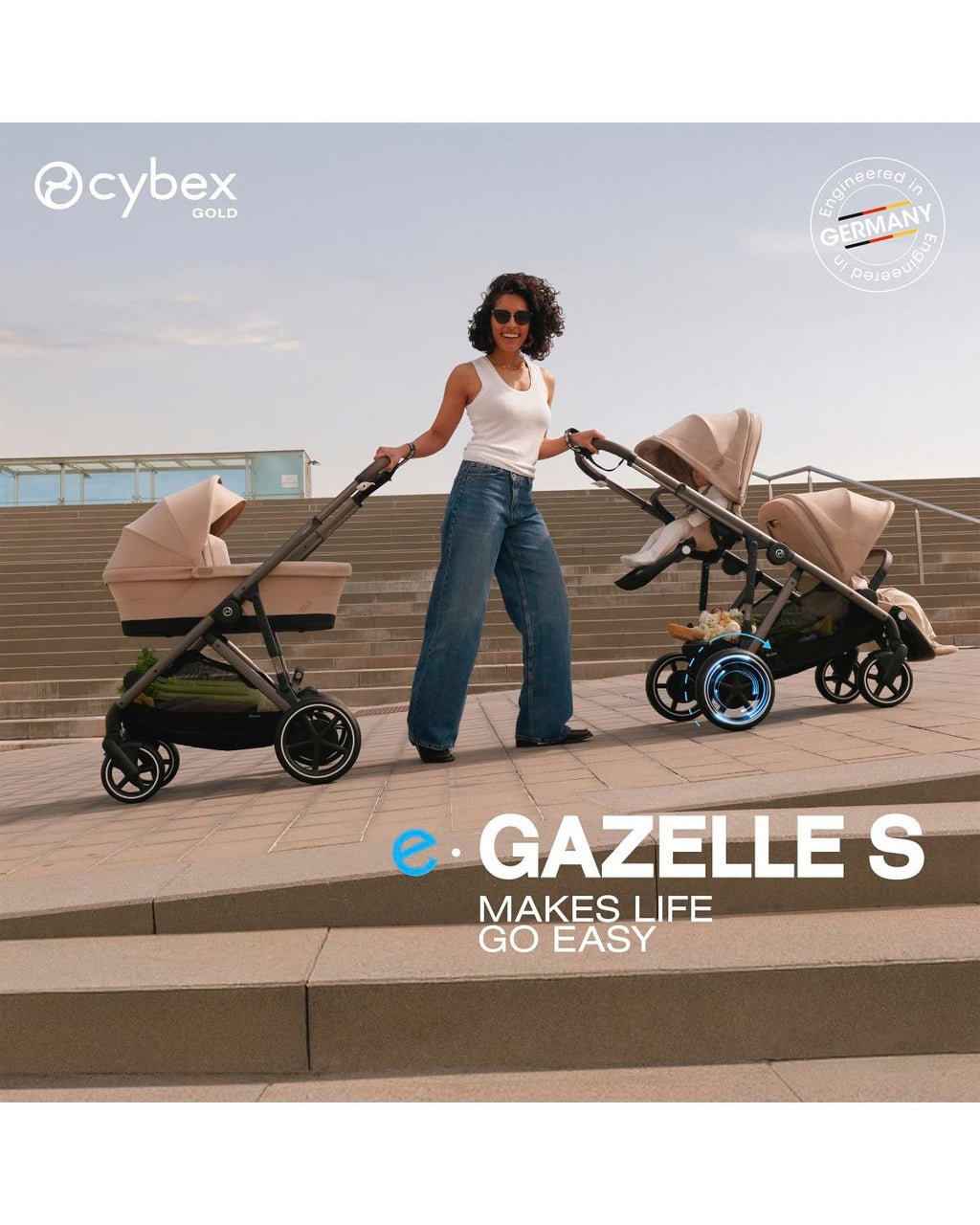 e-Gazelle S Stroller + Gazelle Cot Bundle - Black Frame/Almond Beige