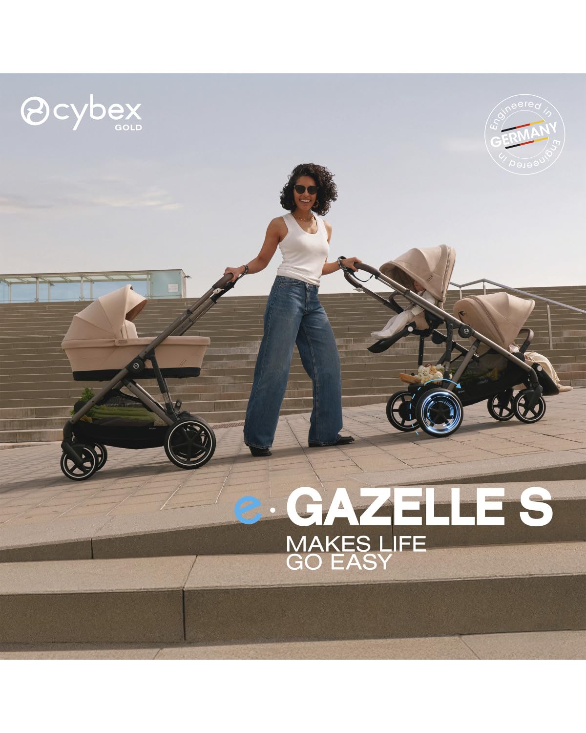 e-Gazelle S Stroller + Gazelle Cot Bundle - Black Frame/Almond Beige