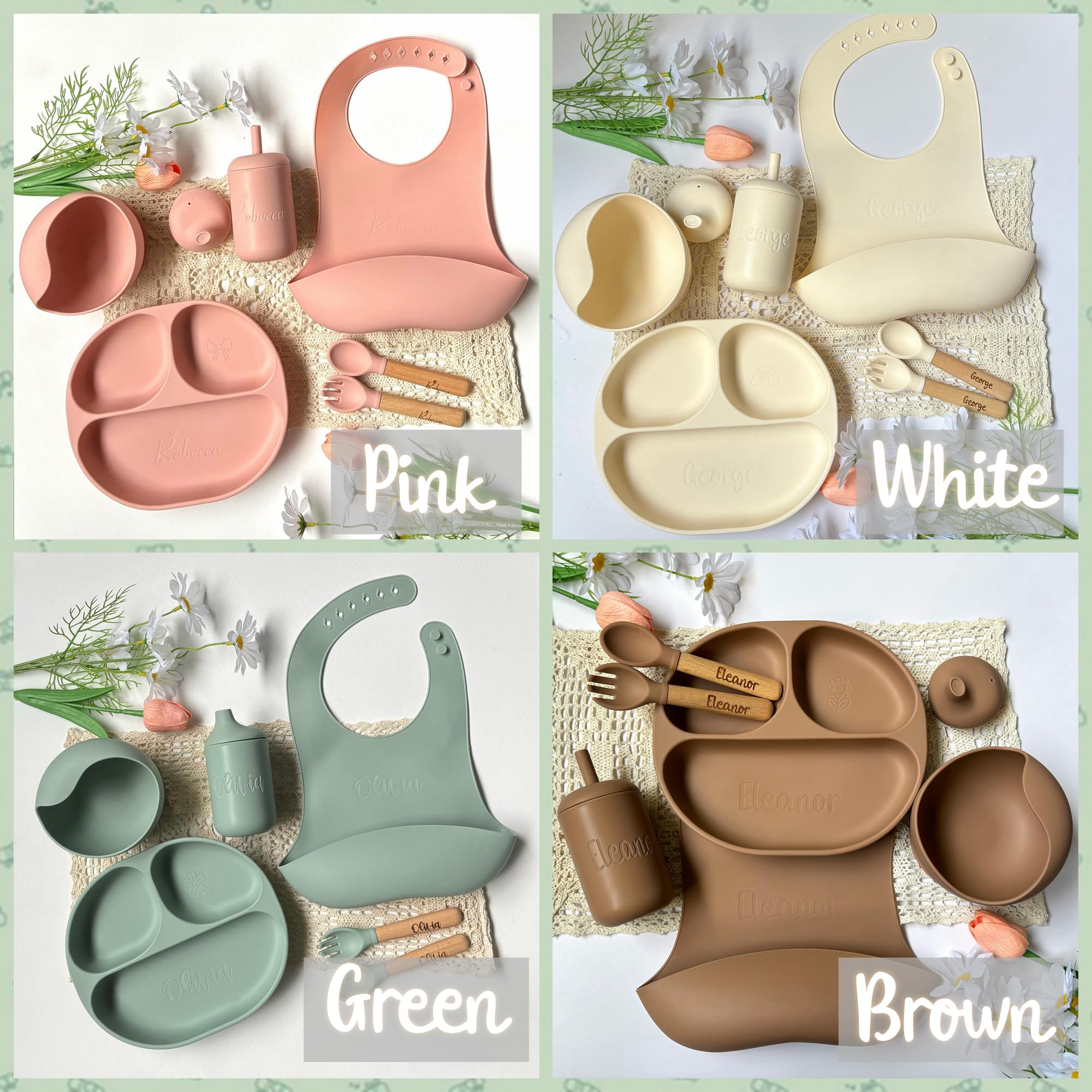 Personalized Silicone Baby Weaning Feeding Set with Suction Plate, Bowl, Cup & Bib